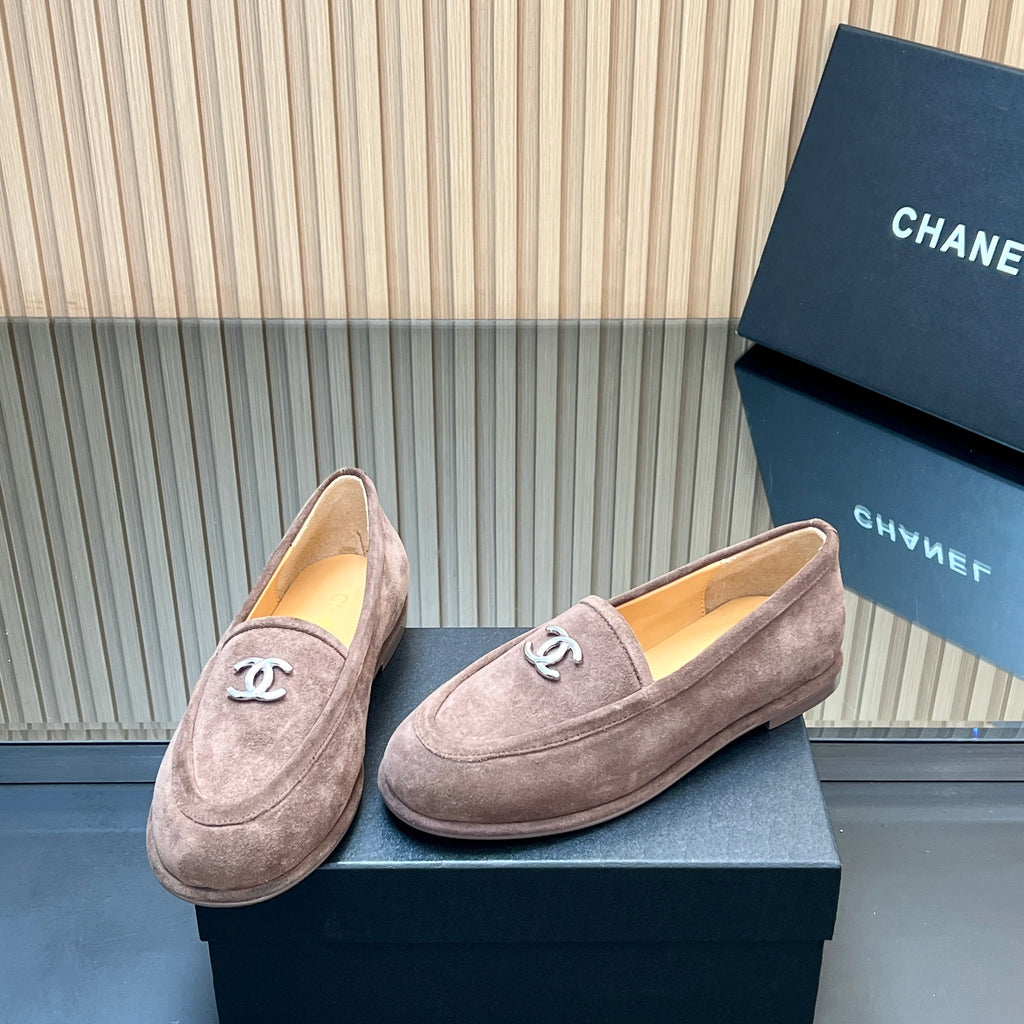 CHANEL 25S TEDDY LOAFER 15MM IN TAUPE GRAY SUEDE SILVER HARDWARE