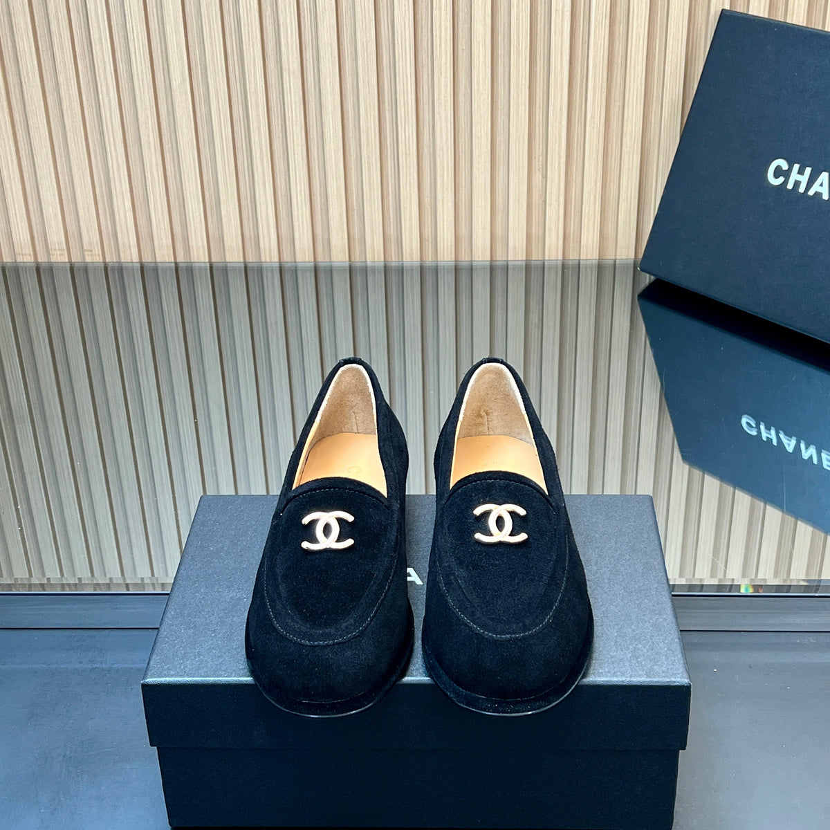 CHANEL 25S TEDDY LOAFER 15MM IN BLACK SUEDE