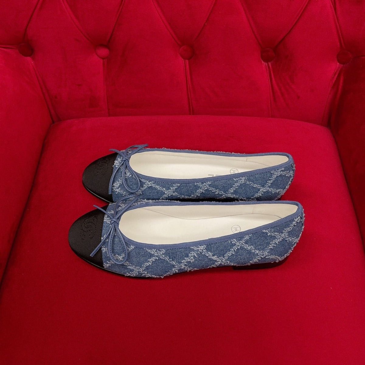 CHANEL ballet flat blue black denim grosgrain